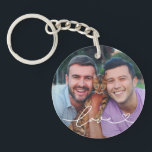 Love in White Script with Heart Custom Photo Key Ring<br><div class="desc">Modern and stylish custom keychain design features a favourite photo with a minimal white "Love" typography overlay design that includes flourish and heart details. The white coloured text can be customised.</div>