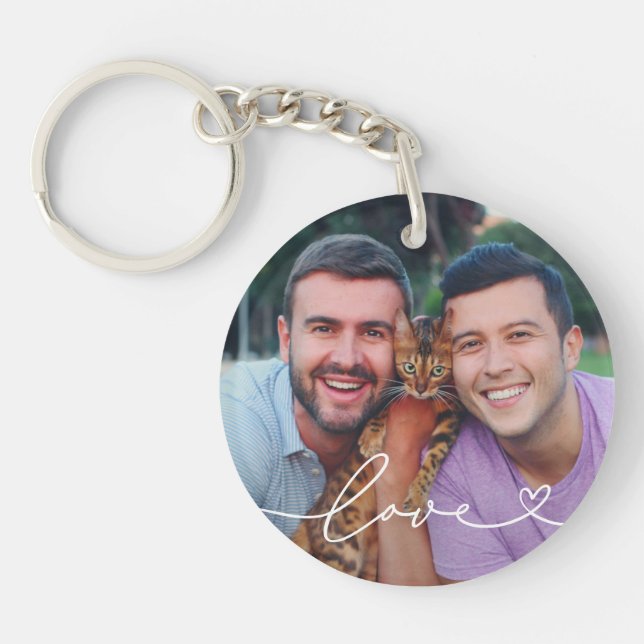 Love in White Script with Heart Custom Photo Key Ring (Front)