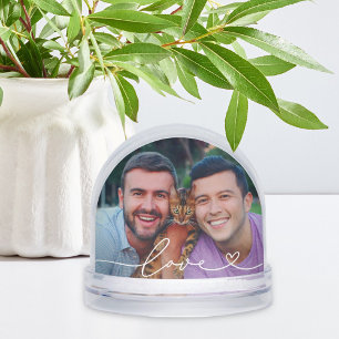 Love in White Script with Heart Custom Photo Snowglobe