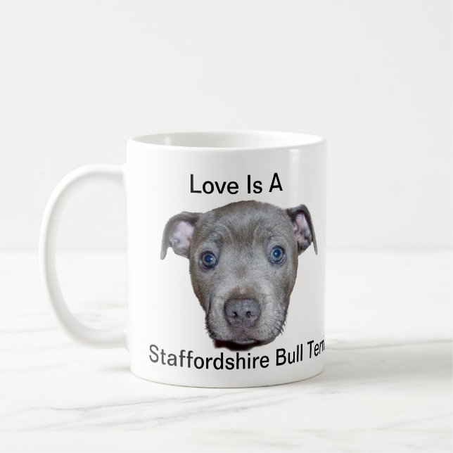 Love Is A Staffy Logo And Puppy Coffee Mug (Left)