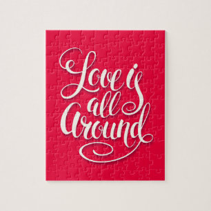 Love Is All Around Script Lettering Pink Jigsaw Puzzle