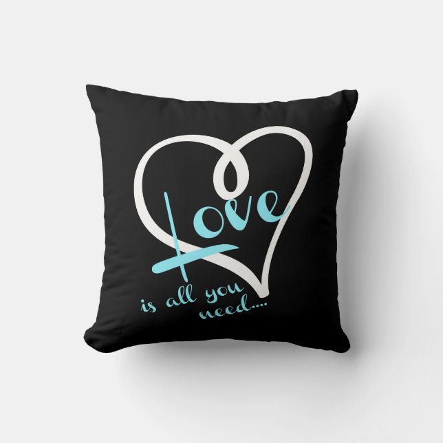 Love is all you need.... white & aqua on black cushion (Front)