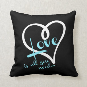 Love is all you need.... white & aqua on black cushion