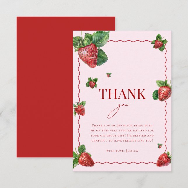 Love is Berry Sweet Pink Strawberry Bridal Shower Thank You Card (Front/Back)