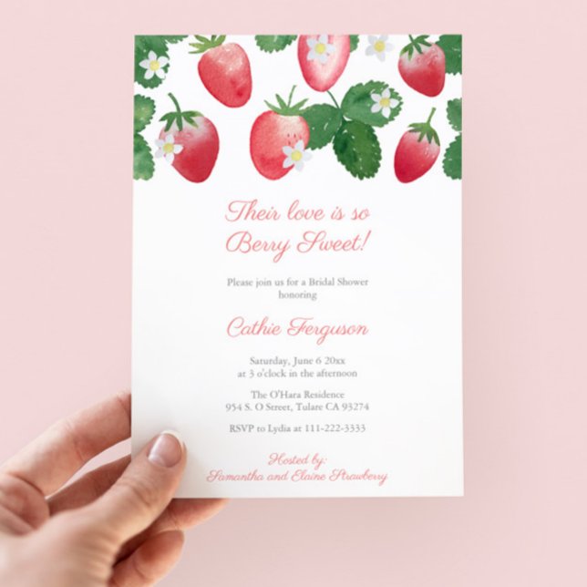 Love Is Berry Sweet Strawberry Bridal Shower Invitation (Berry Sweet Love Strawberry-themed bridal shower party invitation with watercolor strawberries)