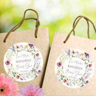 Love is blooming boho wildflower bridal shower classic round sticker