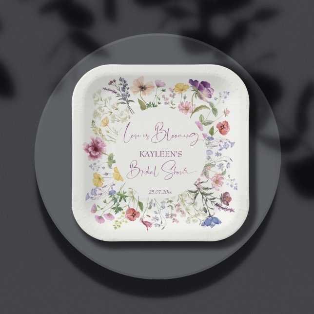 Love is blooming boho wildflower bridal shower paper plate (Love is blooming boho wildflower spring summer bridal shower personalized printed paper plates)