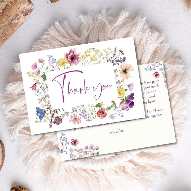 Love is blooming boho wildflower bridal shower thank you card (Love is blooming boho colorful wildflower bridal shower thank you card purple spring summer floral)