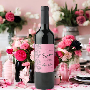 Love is blooming light pink & black floral shower wine label