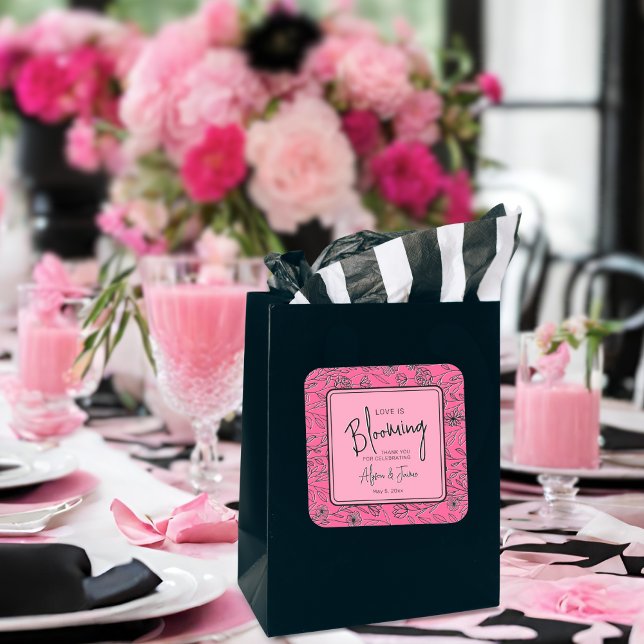 Love is blooming pink and black floral wedding square sticker (Creator Uploaded)