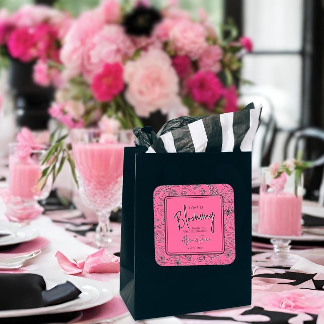 Love is blooming pink & black floral bridal shower square sticker (Creator Uploaded)