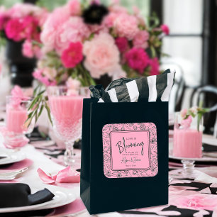 Love is blooming pink & black floral bridal shower square sticker