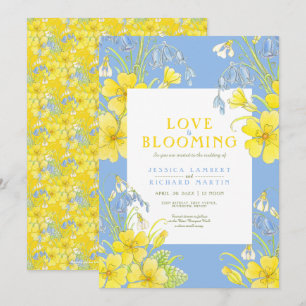 Love is blooming spring flower blue wedding invitation