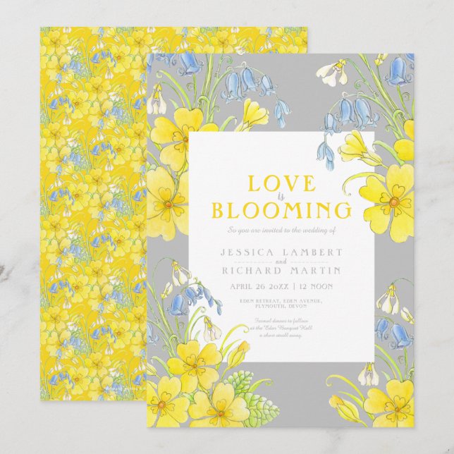 Love is blooming spring flower yellow grey wedding invitation (Front/Back)