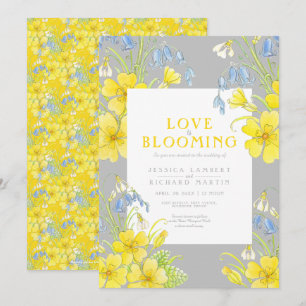 Love is blooming spring flower yellow grey wedding invitation