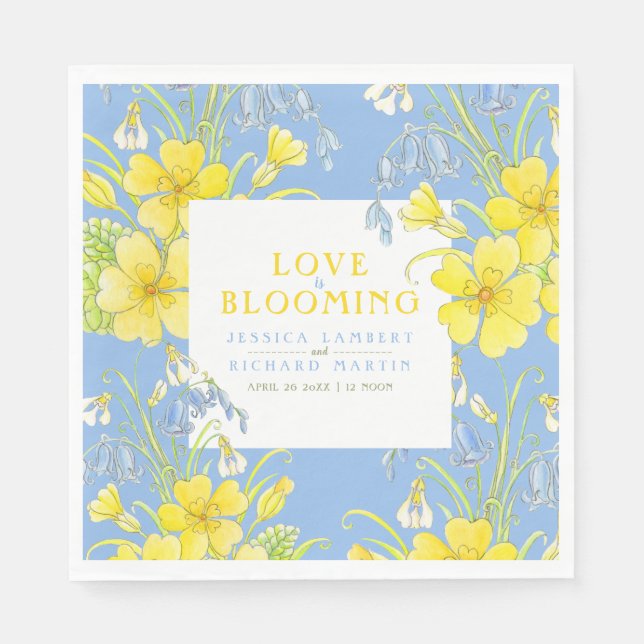 Love is blooming spring flowers blue wedding napkin (Front)