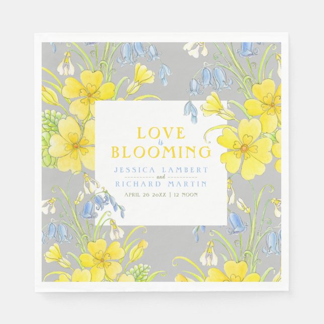 Love is blooming spring flowers grey wedding napkin (Front)