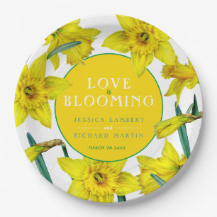 Love is blooming watercolor yellow spring wedding paper plate