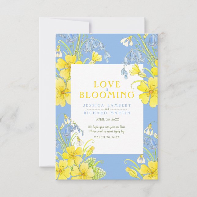 Love is blooming watercolor yellow spring wedding RSVP card (Front)