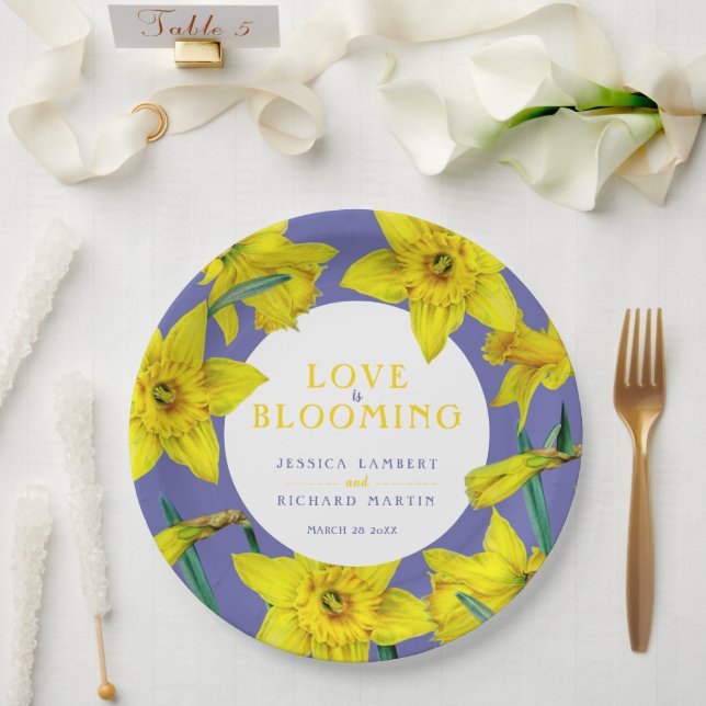 Love is blooming yellow spring wedding paper plate (Wedding)