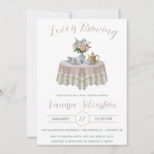 Love is Brewing, Afternoon Tea, Bridal Shower Invitation (Front)
