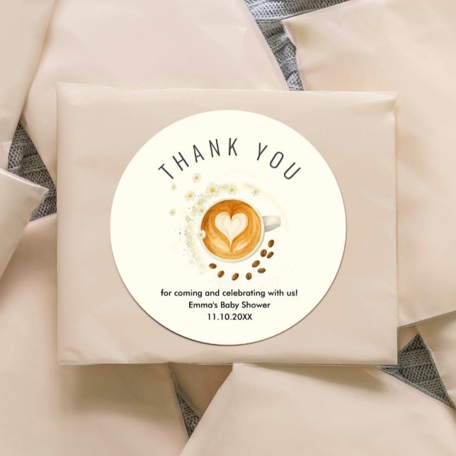 Love is Brewing Baby Shower Sticker (Love is Brewing Baby Shower Sticker #zazzlemade #coffeebabyshower #watercolorflowers #daisesflowers)