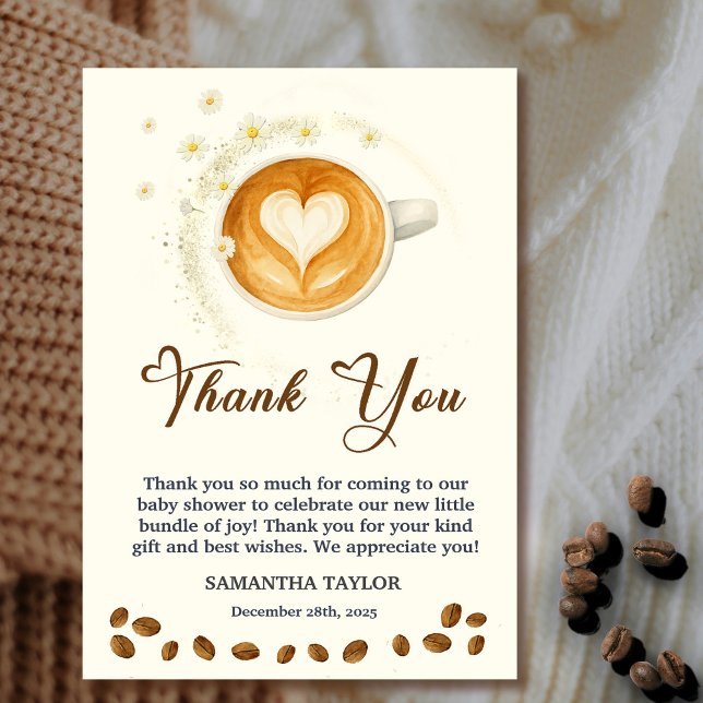 Love is Brewing Baby Shower Thank You Crad Card (Love is Brewing Baby Shower Thank You Crad #zazzlemade #thankyoucard #babyisbrewing #coffeeanddaisy)