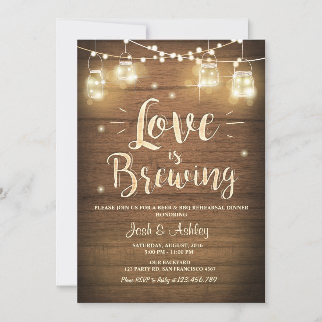 Love is Brewing BBQ Rehearsal Bridal Shower Wood Invitation (Front)