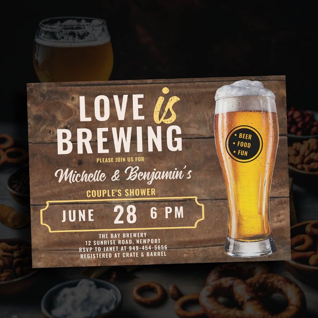 Love is Brewing Beer Couple's Coed Shower Wood Invitation (love is brewing beer couples shower invitation brewery party rustic wood)