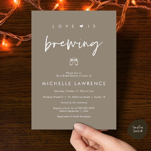 Love is brewing, Beer Party,  Bridal Shower Invitation (Love is brewing, Beer Party, Bridal Shower Invites card, booze love laughter, in warm taupe brown)