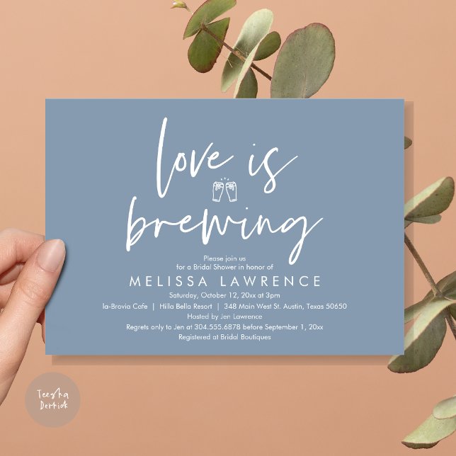 Love is brewing, Beer Party Bridal Shower Invitation (Love is brewing, Beer Party Bridal Shower Invitation Card, PDF, in Dusty Blue)