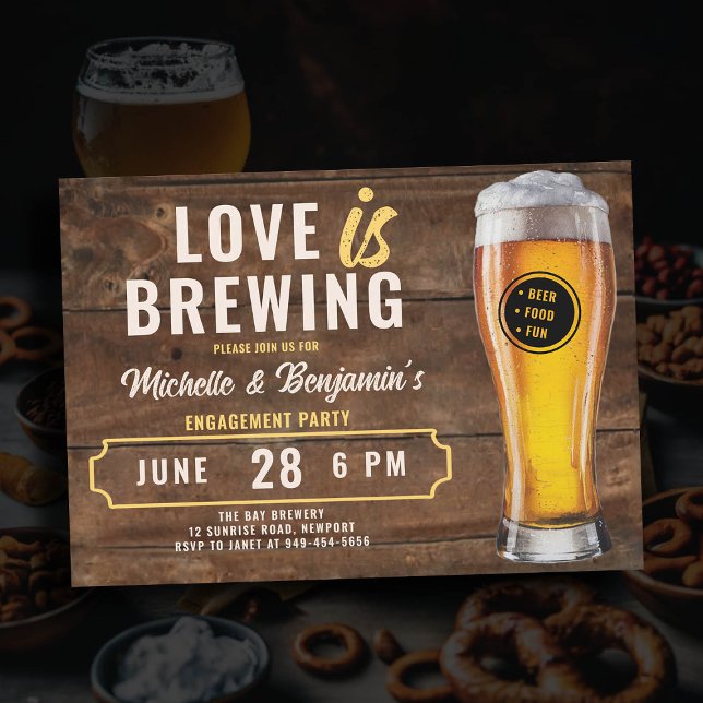 Love is Brewing Beer Rustic Couple's Engagement Invitation (love is brewing beer engagement party invitation brewery party rustic wood board)