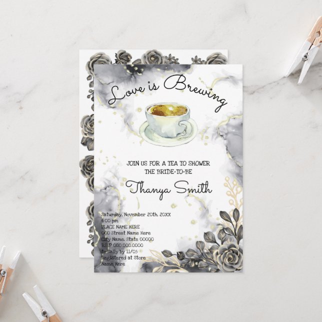 Love is Brewing Black&Gold Roses Tea Bridal Shower Invitation (Front/Back In Situ)