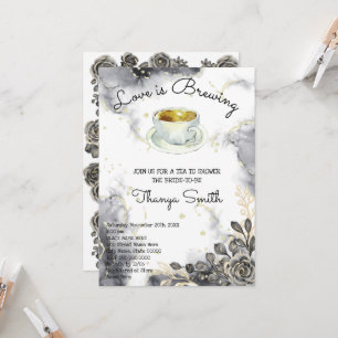 Love is Brewing Black&Gold Roses Tea Bridal Shower Invitation