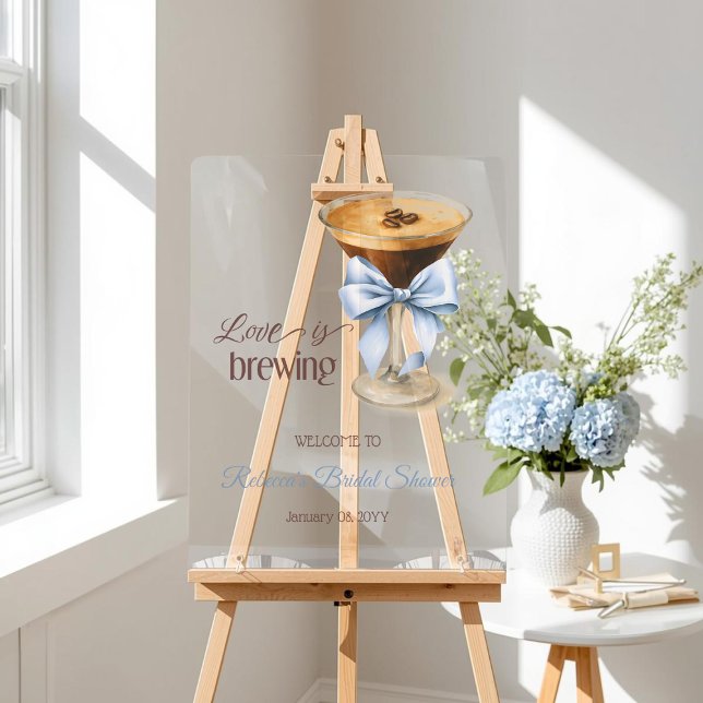 Love is Brewing Blue Bow Coffee Bridal Shower Acrylic Sign (Creator Uploaded)