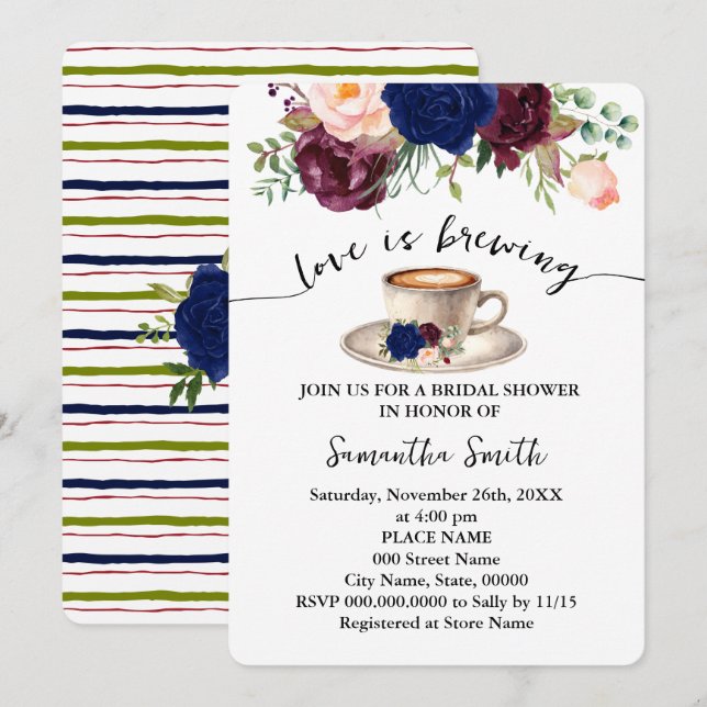 Love is Brewing Blue Bridal Shower Coffee Party  Invitation (Front/Back)