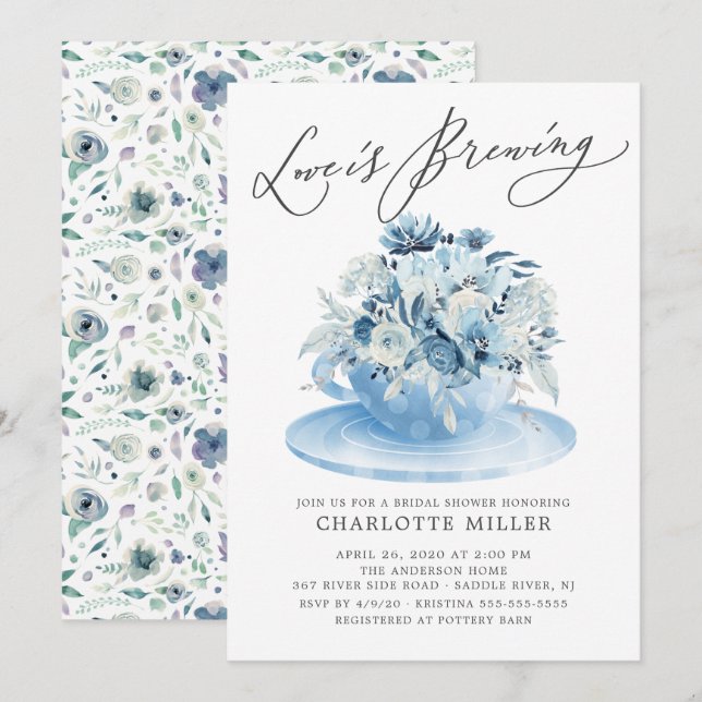 Love is Brewing Blue Floral Bridal Tea Shower Invi Invitation (Front/Back)