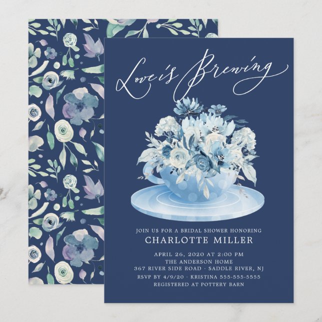 Love is Brewing Blue Floral Bridal Tea Shower Invitation (Front/Back)