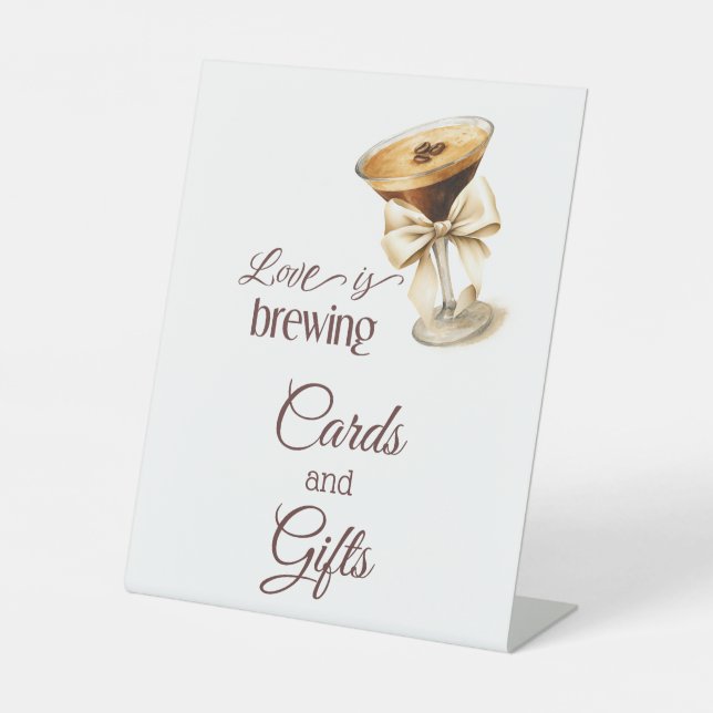 Love is Brewing Bow Espresso Martini Bridal Shower Pedestal Sign (Front)