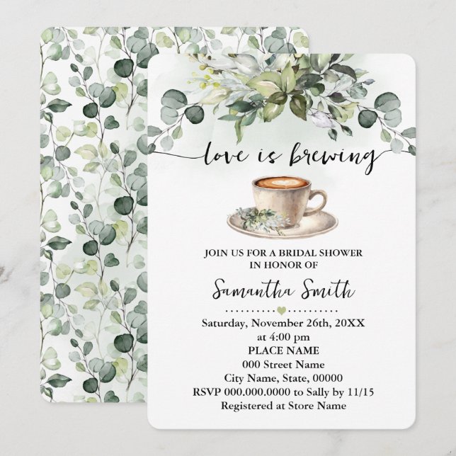 Love is Brewing Bridal Shower Coffee Eucalyptus Invitation (Front/Back)
