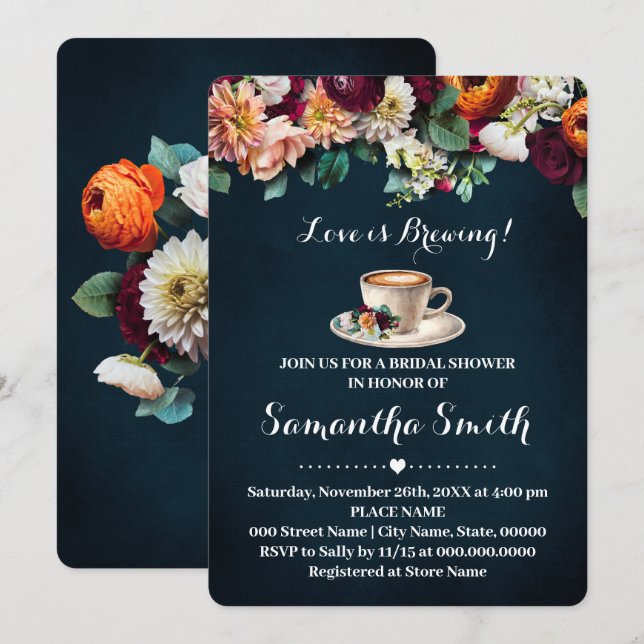 Love is Brewing Bridal Shower Coffee Flowers Invitation (Front/Back)