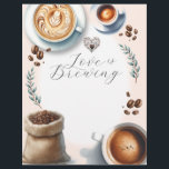 Love is Brewing Bridal Shower Coffee Flyer<br><div class="desc">Celebrate the bride-to-be with our charming "Love is Brewing" bridal shower flyer, featuring stunning watercolor illustrations of coffee, latte, espresso, and coffee beans. The warm, inviting hues and delicate details create a cosy and elegant ambiance, perfect for coffee lovers. Printed on premium paper, these high-quality flyers are customisable with your...</div>