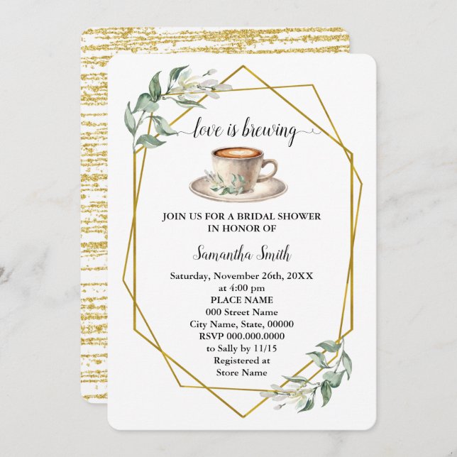 Love is Brewing Bridal Shower Coffee Greenery Invitation (Front/Back)