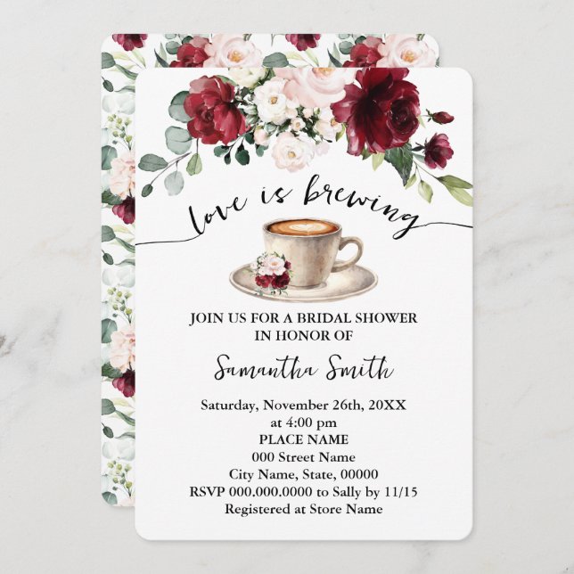 Love is Brewing Bridal Shower Coffee Marsala Invitation (Front/Back)
