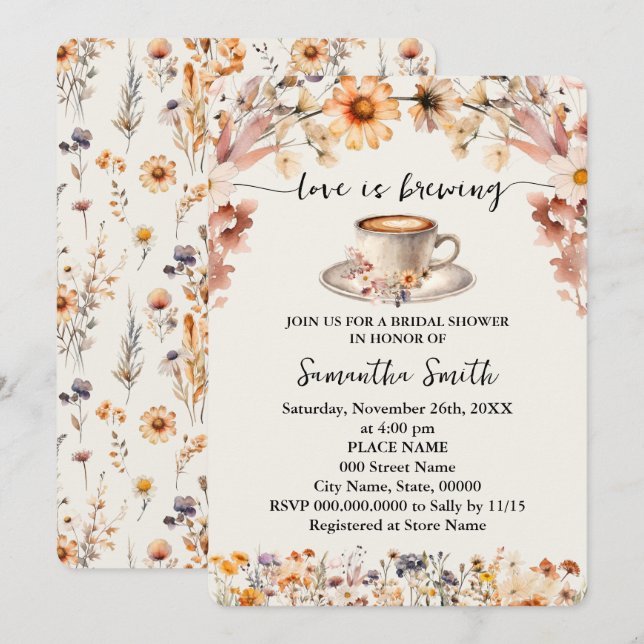 Love is Brewing Bridal Shower Coffee Wildflowers Invitation (Front/Back)