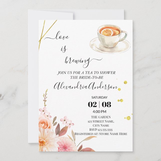 Love Is Brewing Bridal Shower Floral Roses Invitation (Front)