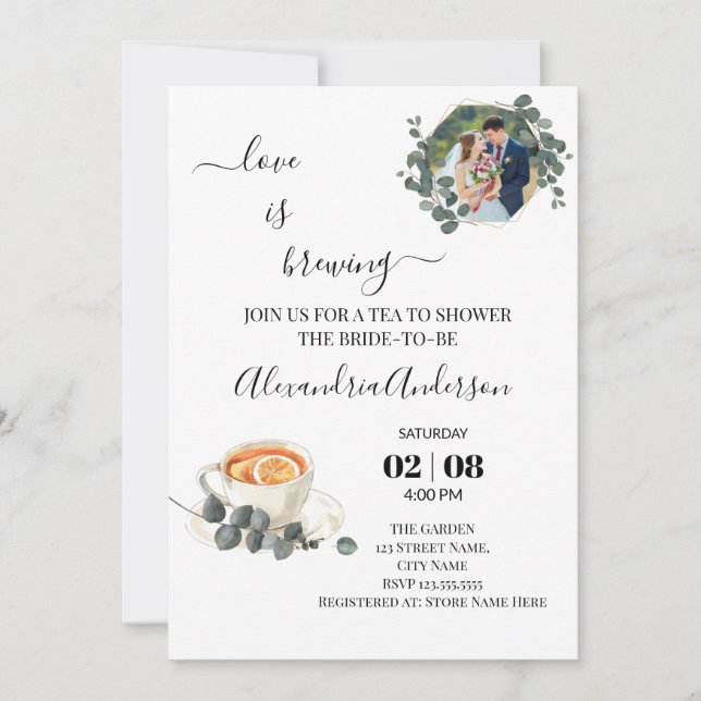 Love Is Brewing Bridal Shower Greenery Eucalyptus  Invitation (Front)