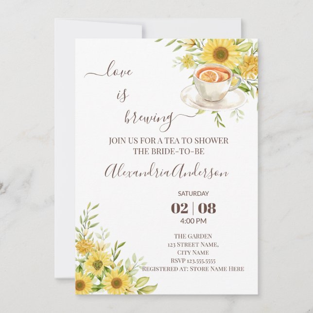 Love Is Brewing Bridal Shower Greenery Sunflower Invitation (Front)