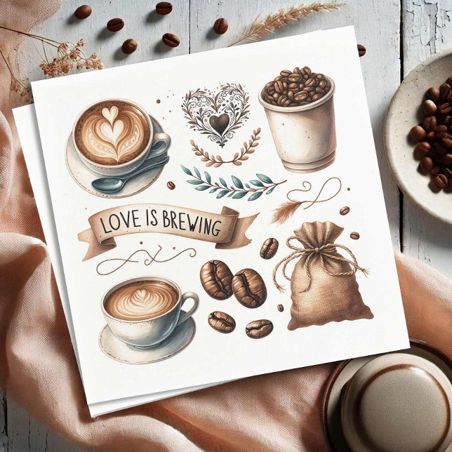 Love is Brewing Bridal Shower Napkin (Love is brewing coffee themed paper napkins illustrated art Do Tell A Belle)