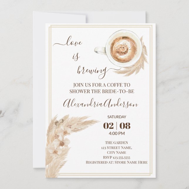 Love Is Brewing Bridal Shower Pampa Grass Invitati Invitation (Front)